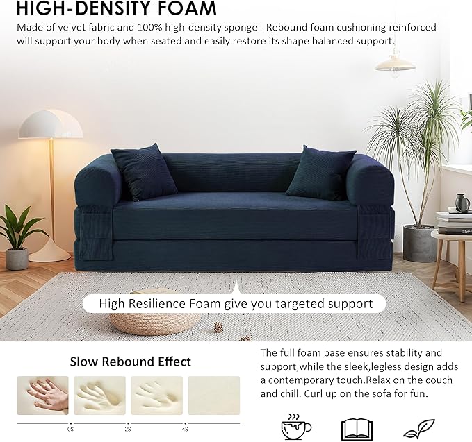 80" Convertible Sofa Bed, Corduroy Deep Seat Folding Pull Out Couch with Pillows, No Assembly Modern Boneless Couch Compression Sofa in Box, Floor Sofa with Storage Pocket for Living Room,Navy Blue
