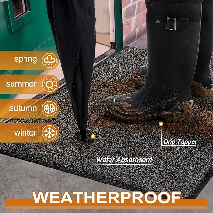 Mibao Front Door Mat, Dirt Trapper Welcome Mat for Outdoor Indoor, Non-Slip Waterproof Doormat, Durable Machine Washable Low Profile Entry Rug for Back Door Outside Patio Porch, 48" x 24", Grey