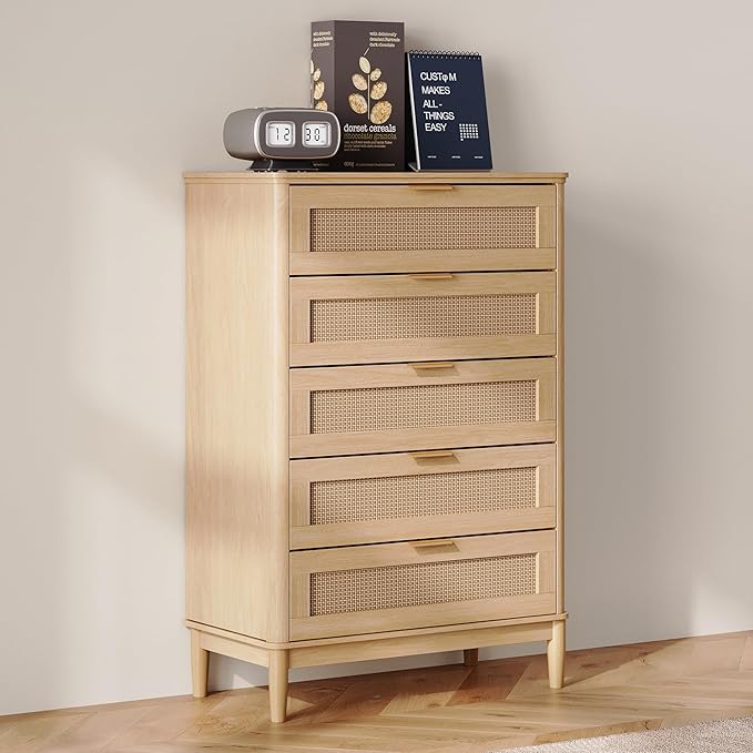 LINSY Rattan 5 Drawer Dresser for Bedroom, 46" Tall Mid-Century Modern Chest of Drawers, Deep Storage Dresser with Curved Corner Design, Large Accent Wood Cabinet for Bedroom, Oak
