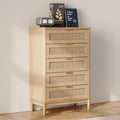 LINSY Rattan 5 Drawer Dresser for Bedroom, 46" Tall Mid-Century Modern Chest of Drawers, Deep Storage Dresser with Curved Corner Design, Large Accent Wood Cabinet for Bedroom, Oak