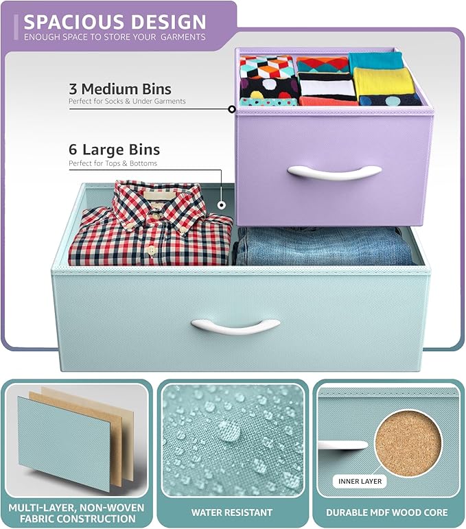 Sorbus Kids Dresser with 9 Drawers - Furniture Storage Chest Tower Unit for Bedroom, Hallway, Closet, Office Organization - Steel Frame, Wood Top, Fabric Bins (Pastel 2, Pastel)