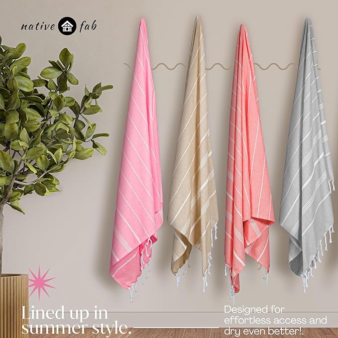 Native Fab Large Turkish Towels Set of 4, Lightweight, Quick Dry, Durable, Absorbent, 100% Cotton, Perfect for Beach, Travel, Pool, Spa, Bath - Ash Grey, Beige, Light Orange, Pink