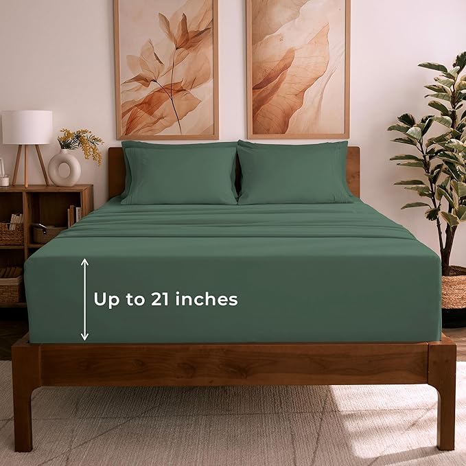 Mellanni King Sheet Set - 6-Piece Iconic Collection Bedding, (Including 4 Pillowcases), 21-Inch Extra Deep Pocket, Easy Care, Ultra Soft, Cooling Sheets, Brushed Microfiber - Emerald Green