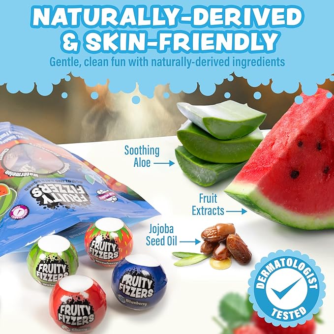 Tub Works® Fruity Fizzers™ Bubbling Bath Bombs for Kids, Variety 12 Pack | Dye-Free & Naturally-Derived | Gentle Kids Bath Bombs for Fizzy, Fruity, Bubbly Fun | Toddler BathBombs with Fruit Extracts