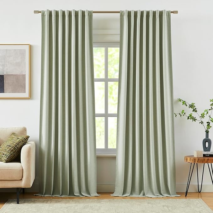 Vision Home Green Linen Full Blackout Curtains 95 inch Long for Bedroom Living Room Darkening Light Blocking Window Panels Thermal Insulated Rod Pocket Back Tab Neutral Drapes 56" Wx95 Lx2