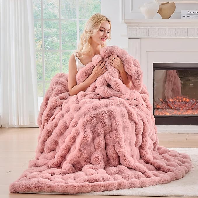BENVWE Faux Fur Throw Blanket for Couch - Fluffy Soft Thick Bubble Blanket for Living Room Home Decor - Mothers Day Birthday Gifts for Women, Dusty Pink, 51" x 63"