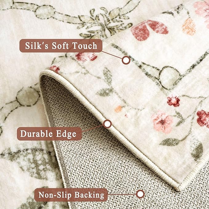 vivorug 5x7 Area Rugs - Ultra-Thin Washable Rug with Non-Slip Backing, Ideal for Living Room, Bedroom, Kitchen Floor Carpet - Modern Pink Floral, Easy Clean, Durable, Low Pile