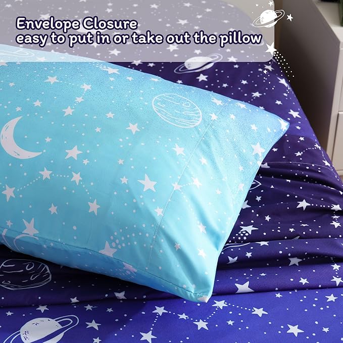 JSD Gradient Blue Moon Stars Kids Sheet Set Twin Size, 3 Piece Space Theme Microfiber Sheets Deep Pocket