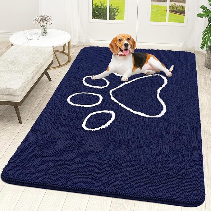 OLANLY Dog Door Mat for Muddy Paws 59x35, Paw Print Design, Absorbs Moisture and Dirt, Absorbent Non-Slip Washable Doormat, Quick Dry Chenille Mud Mat for Dogs, Entry Indoor Entryway Carpet, Navy Blue