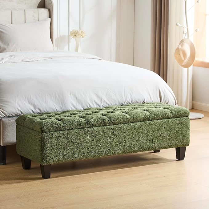 GDFStudio Boucle Storage Ottoman Bench with Button Tufting, 50.75” Upholstered Entryway Bench with Hidden Storage, Soft Close Lid, Rubberwood Legs, Extra Seating for Bedroom, Living Room – Green