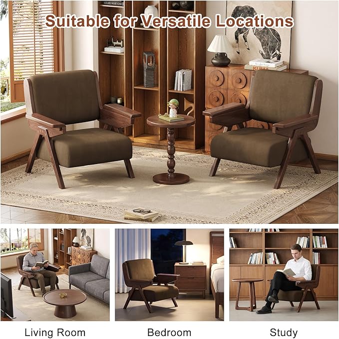 Accent Chair Mid Century Modern Chair, Velvet Upholstered Lounge Arm Chair with Solid Wood, Cozy Reading Chair for Living Room, Bedroom, Balcony (Coffee, Single Chair)