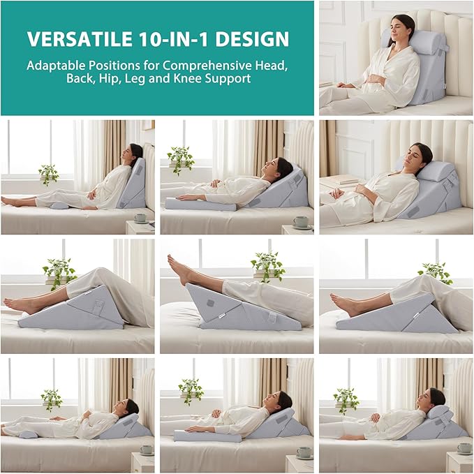 Bedluxe 3Pcs Orthopedic Bed Wedge Pillow Set, Foam Wedge Pillow Post Surgery for Back, Leg and Knee Support, Adjustable 9&12 Inch Folding Triangle Pillow for Sleeping, Acid Reflux, Snoring, Light Grey
