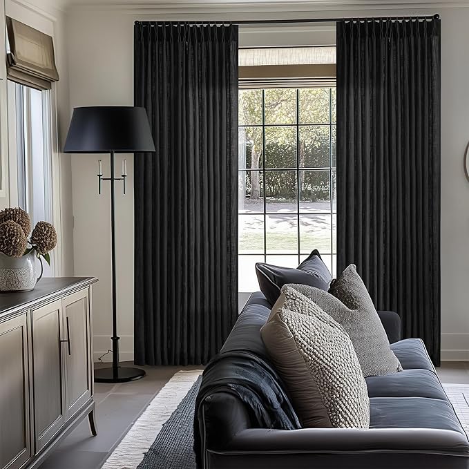 Black Pinch Pleated Linen Curtains 80 Inches Long for Living Room Bedroom Light Filtering Boho Window Drape 80 Inch 2 Panels with Hooks Rings Back Tab Sliding Glass Door Semi Sheer Curtain