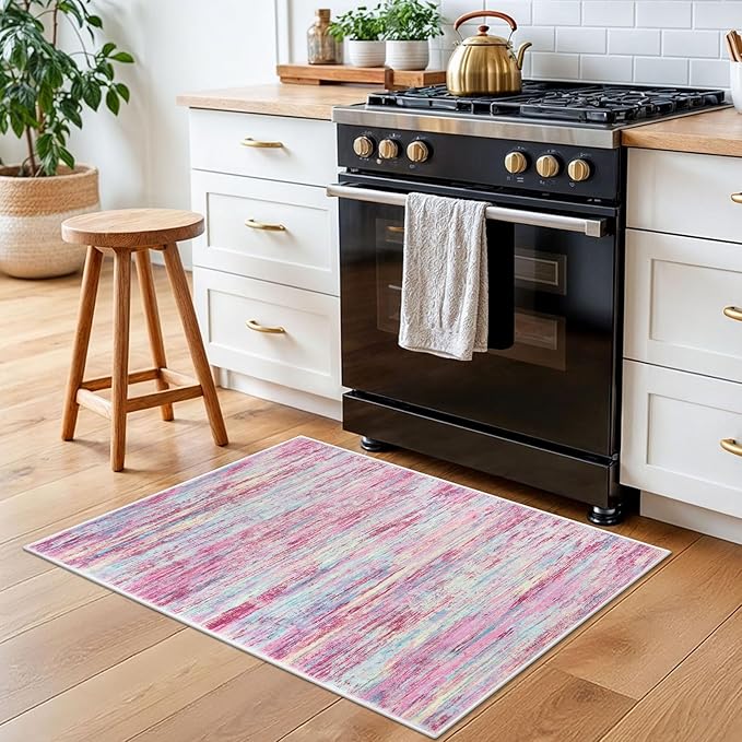 2x3 Modern Abstract Rug for Entryway, Pink Colorful Super Soft Small Area Rug, Washable Non-Slip Kitchen Rugs, Low-Pile Mat for Bedside, Indoor Door Mat