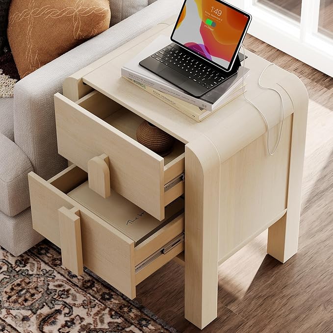WAMPAT 23.7" Tall Modern Nightstands Set of 2, Wood Nightstand with Charging Station, Bedside Table w/2 Storage Drawers, Curved Profile Design, Sofa Side Table Accent Table for Bedroom, Beige