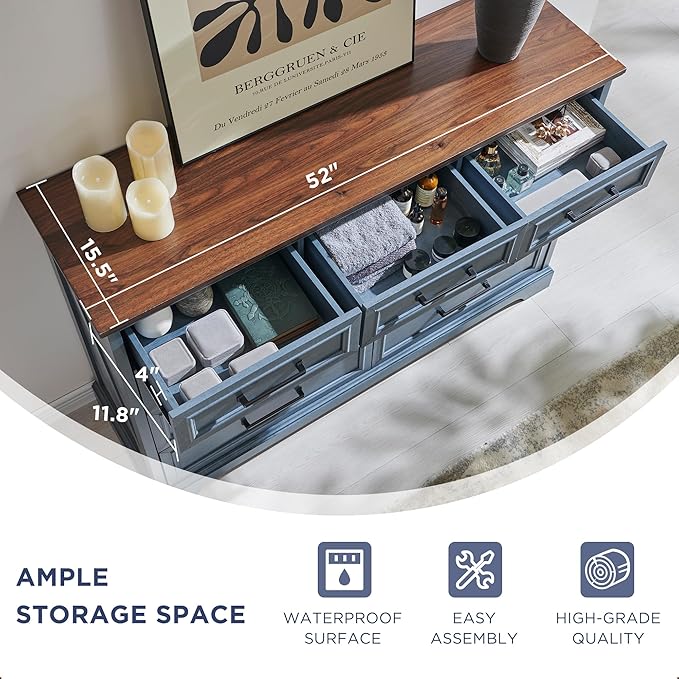 JXQTLINGMU 9 Drawers Dresser for Bedroom, Farmhouse 52'' Wide Dressers & Chests of Drawers w/Roman Column, Large Storage Dressers Organizer for Bedroom Hallway, Blue