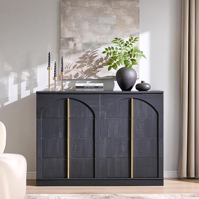 ACCOHOHO Large Dresser for Bedroom with 8 Drawers with Arched Panel,Modern Minimalist Chest of Drawers with Gold Handles,Wood Storage Closet Dressers Tv Stand for Living Room, Hallway,Black