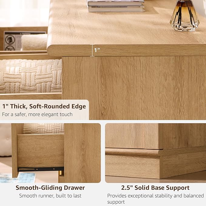 ACCOHOHO Arched Dresser for Bedroom with 6 Drawers, 47.3" Wide Modern Chest of Drawers with Rounded Edge & Metal Handles, Wood Storage Closet Dressers TV Stand for Living Room, Hallway, Natural Oak