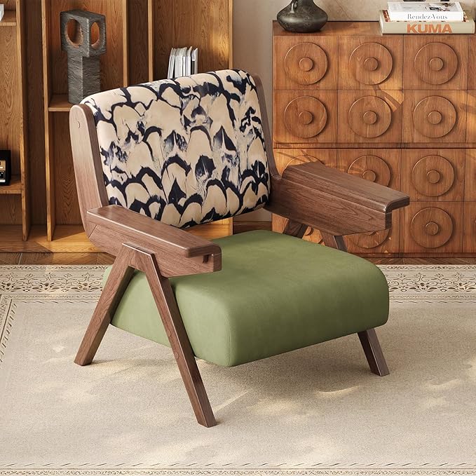 Mid Century Modern Accent Chair, Fabric Upholstered Lounge Arm Chair with Solid Wood Frame for Living Room, Bedroom, Office, Reading Corner (Feather Print, Set of 2)