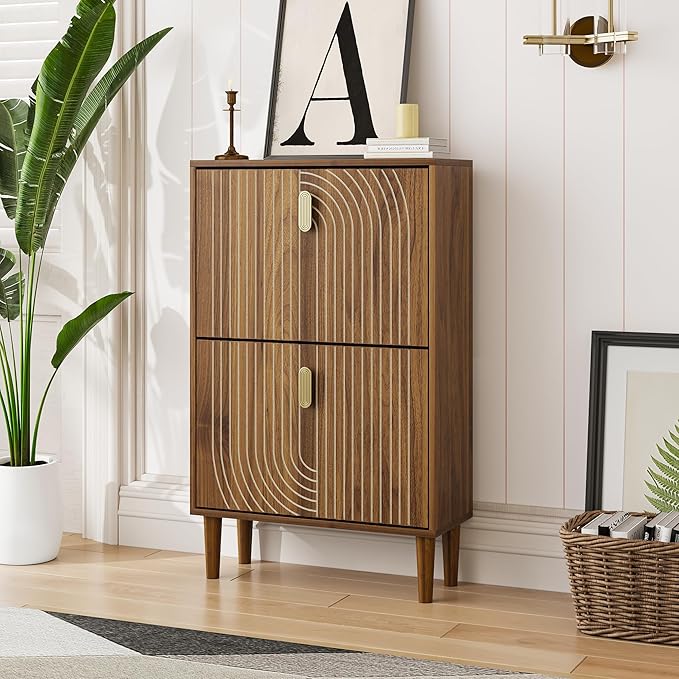 Vibe & Dine Modern Shoe Cabinet with 2 Flip Drawers & Gold Handles, Slim Space-Saving Entryway Shoe Storage Organizer, Freestanding Wood Shoe Rack Cabinet for Hallway, Bedroom, Living Room, Brown