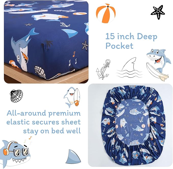 JSD Blue Shark Surfing Kids Sheet Set Full Size, 4 Piece Nautical Printed Microfiber Sheets Deep Pocket