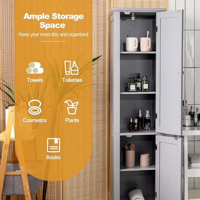 COSTWAY Tall Bathroom Storage Cabinet, 5-Tier Freestanding Linen Tower Cabinet with 2 Doors, Wooden Side Storage Organizer, Narrow Slim Floor Cabinet for Bathroom, Living Room, Kitchen (Grey)