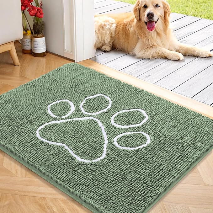 OLANLY Dog Door Mat for Muddy Paws 40x32, Paw Print Design, Absorbs Moisture and Dirt, Non-Slip Washable Doormat, Quick Dry Chenille Mud Mat, Entry Indoor Entryway Carpet, Olive Green and White