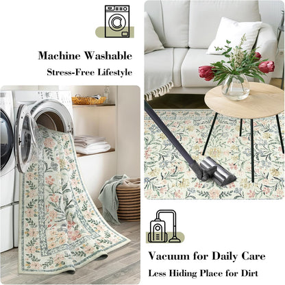 Wonnitar Washable Area Rugs 5x7, Soft Floral Bedroom Area Rug, Washable Carpet 5x7 Non Slip, Boho Flower Print Beige Carpets for Living Room Bedside Dining Room