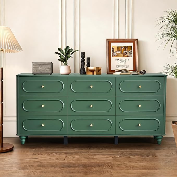 9 Drawer Fluted Dresser for Bedroom, Mid Century Modern Chest of Drawers, Wood Storage Small Dresser Organizer for Bedroom Living Room Hallway Closet, Green