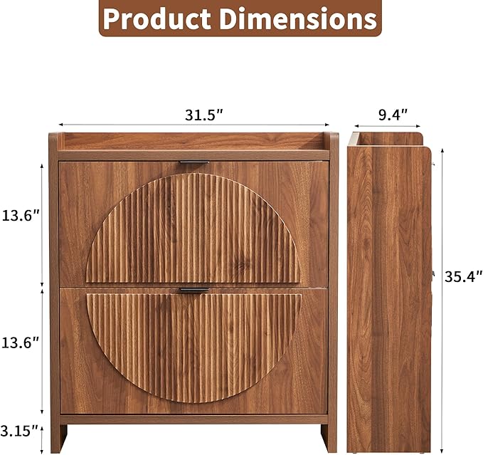 Narrow Shoe Cabinet with 2 Flip Drawers for Entryway,Wood Slim Shoe Rack Cabinet, Freestanding Hidden Shoe Storage Organizer, Space-Saving, Round Fluted Pattern for Hallway,Living Room (Walnut)