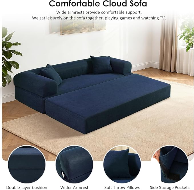80" Convertible Sofa Bed, Corduroy Deep Seat Folding Pull Out Couch with Pillows, No Assembly Modern Boneless Couch Compression Sofa in Box, Floor Sofa with Storage Pocket for Living Room,Navy Blue
