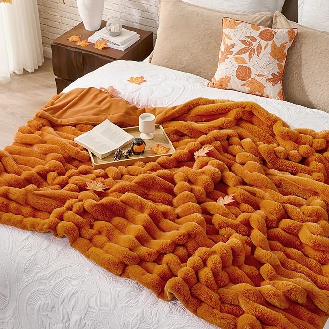 Cozy Bliss Faux Fur Throw Blanket for Couch, Cozy Warm Plush Striped Blanket for Sofa Bedroom Living Room, 60 * 80 Inches Burnt Orange