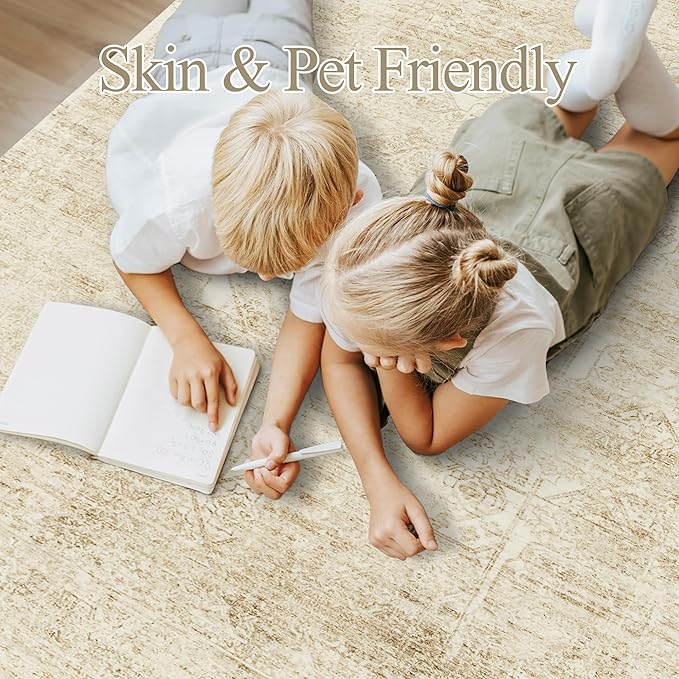 Washable Area Rug 10x14, Large Soft Rugs for Living Room Vintage Beige Rug 10x14 Area Rugs for Bedroom Dining Room Floral Non-Slip Thin Rug