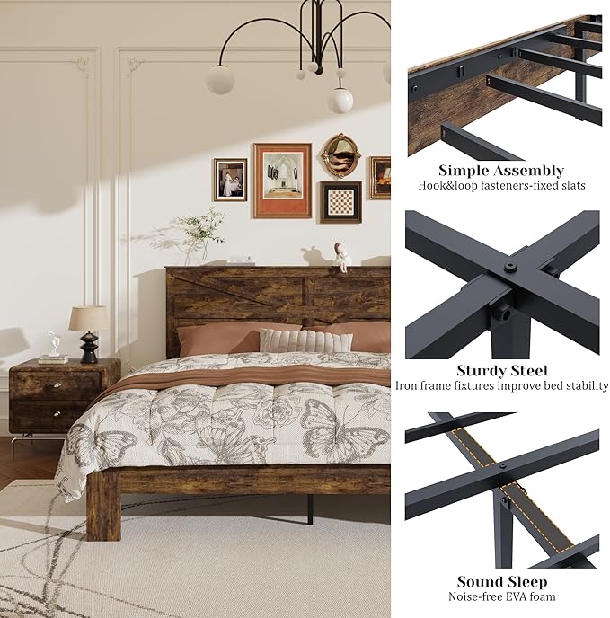 Queen Size Bed Frame with Farmhouse Headboard, Rustic Boho Wooden Bedframe with LED Lights and Charging Station, Easy Assembly, No Box Spring Needed (Brown, Queen)