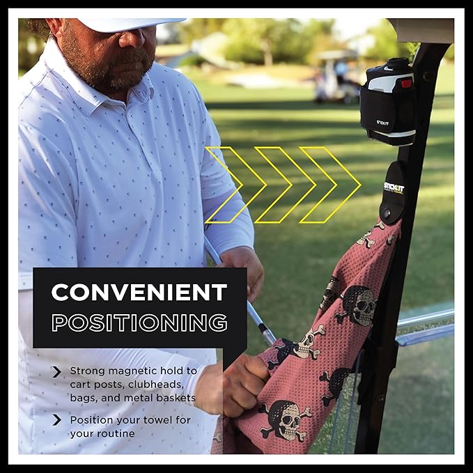 STICKIT Magnetic Golf Towel with Pink Skulls | Top-Tier Microfiber Golf Towel with Deep Waffle Pockets | Industrial Strength Magnet for Strong Hold to Golf Carts or Clubs