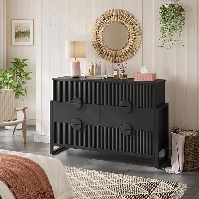 LGHM Fluted Dresser for Bedroom with 6 Drawers, Modern 6 Drawers Dressers with Semicylinder Fluted, Solid Chest of Drawers, 50" W Dresser with Bold Steel Frame, Metal Handles, Black