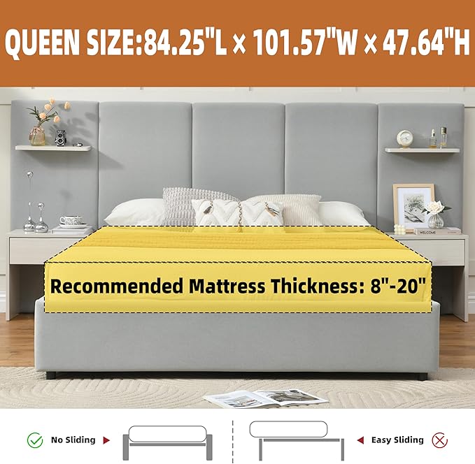 Queen Bed Frame with Storage & Built-in Nightstands, Velvet Upholstered Platform Bed Frame with Drawers & 2 Floating Storage Shelves, Noise-Free, No Box Spring Needed, Easy Assembly, Gray