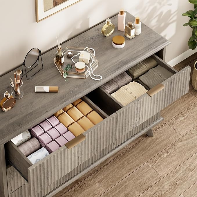 QUW Modern Fluted Dresser for Bedroom with 6 Drawers,47.2" Wood Closet Organizers and Storage,Wide 6 Drawer Dresser with Metal Handle,Hallway,Living Room(Grey)