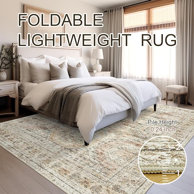 5x7 Area Rugs Brown Pink Low Pile Indoor Washable Trendy Faded Style Rugs for Bedroom Living Room Dining Room Foldable Non-Slip Thin Print Mat