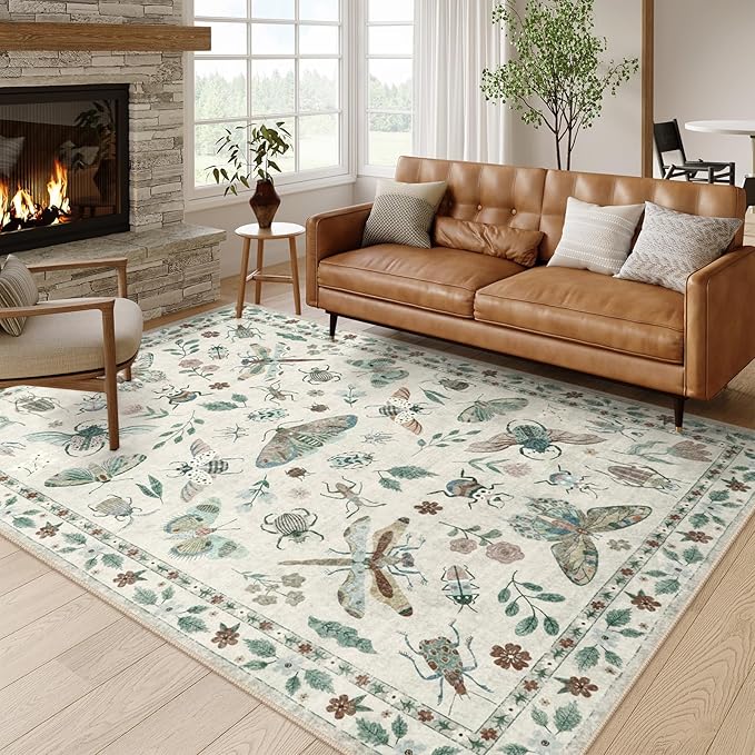 Lahome Insect Print Washable Rugs for Living Room, Soft 6x9 Area Rugs for Bedroom, Ultra-Thin Non Slip Modern Area Rug Low Pile Stain Resistant Throw Carpet for Dining Room Office(6'x9',Beige)
