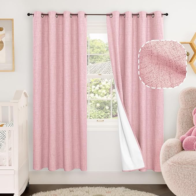 Baby Pink Linen Blackout Curtains for Nursery 72 Inch Length 2 Panels Set, Thermal Insulated Boho Total Black Out Noise Reducing Bonzer Grommets Window Curtains for Girls Bedroom, Each 52 Inch Wide