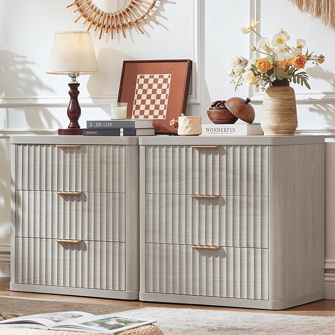 LEYAOYAO Fluted Farmhouse Nightstand Set of 2 with Charging Station, 23" Wide 3 Drawers Night Stand,LightGrey Dresser for Bedroom,Bed Side Table Chest of Drawers,Wood End Table for Living Room