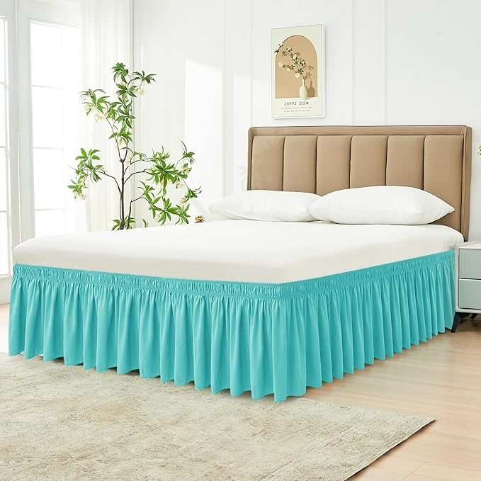 Biscaynebay Wrap Around Bed Skirts for King & Cal King Beds 14" Drop, Aqua Adjustable Elastic Dust Ruffles Easy Fit Wrinkle Resistant Silky Luxurious Fabric Machine Washable