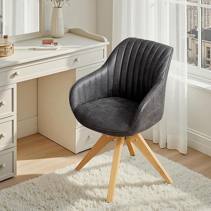 Zouron Mid Century Modern Accent Chair with Oak Wood Legs, Upholstered Swivel Chair No Wheels, Side Accent Armchair Vanity Chair for Small Space Home Office Living Room Bedroom, Black