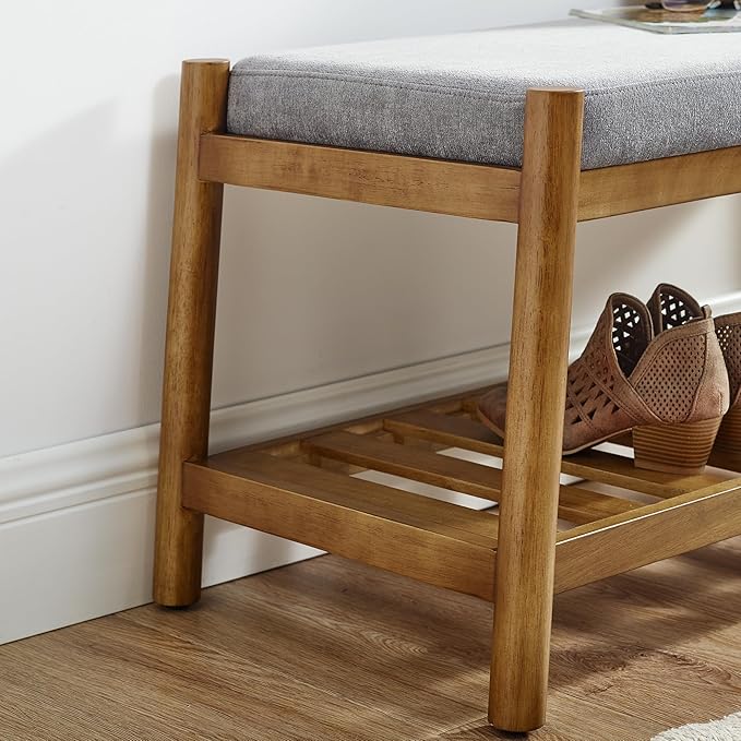 Upholstered Entryway Bench, Bedroom Bench for End of Bed, Dining Bench with Padded Seat for Kitchen, Living Room, Fabric Rubber Wood Indoor Bench (Grey)