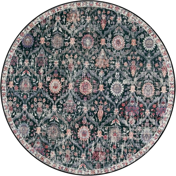 Lahome Moroccan Trellis Round Area Rugs, Washable Small Round Rug 3ft Non-Slip, Soft Vintage Ultra-Thin Circle Carpet for Bedroom Entryway Kitchen Laundry Bathroom, Black/Multi