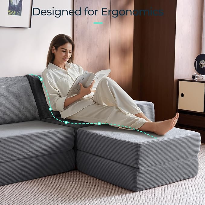 LINSY HOME Convertible Sofa Bed with 2 Pillows & Ottoman, Boneless Couch Folding Modular Sectional Sleeper Sofa, L Shaped Sofas Corduroy Couch Bed Compression Sofa for Living Room Apartment, Grey
