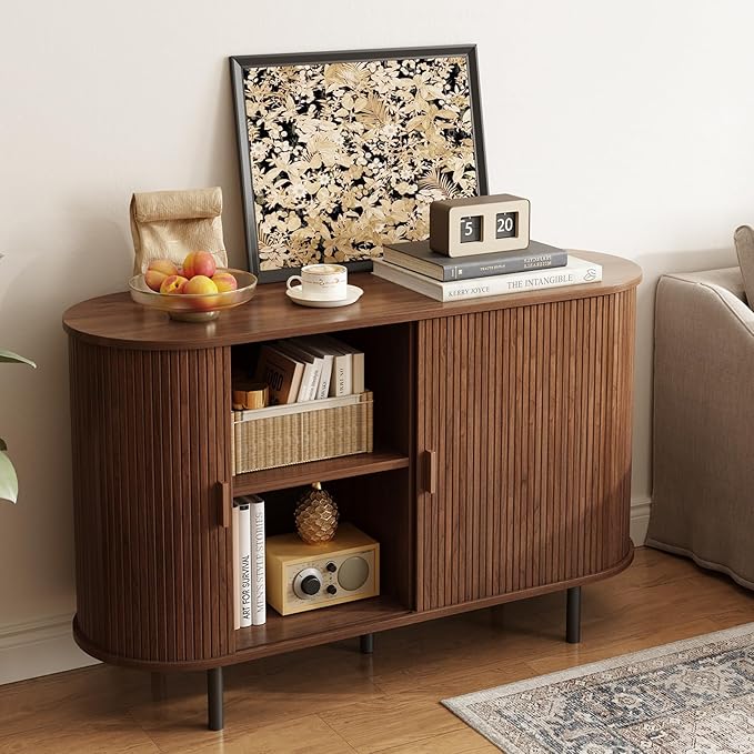 ONBRILL 48" Sideboard Buffet Cabinet with Storage, Storage Cabinet with Sliding Door & Adjustable Shelf, Modern Accent Coffee Bar Console Table for Kitchen, Entryway, Walnut