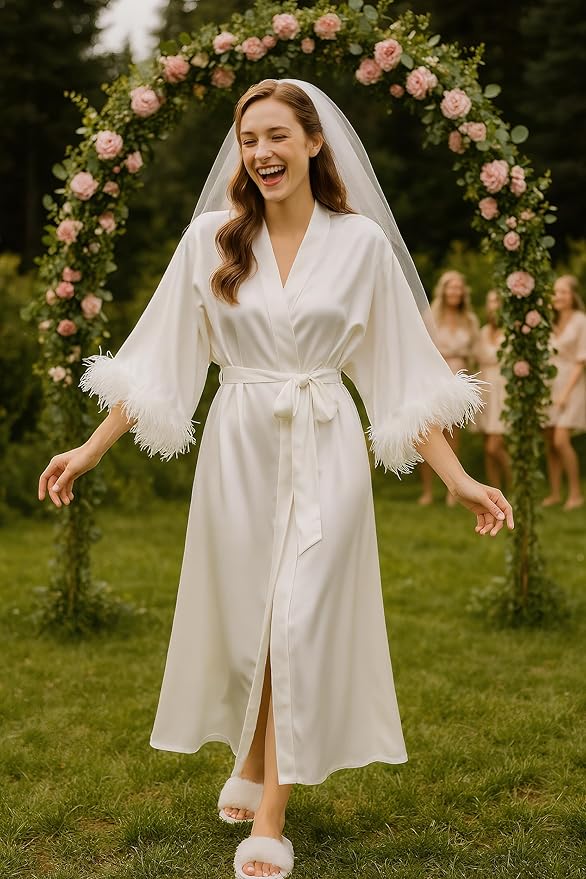 PRODESIGN Satin Kimono Robe Long Silky Bathrobe with Ostrich Feather Trim Sleepwear Wedding Bridesmaid Dressing Gown