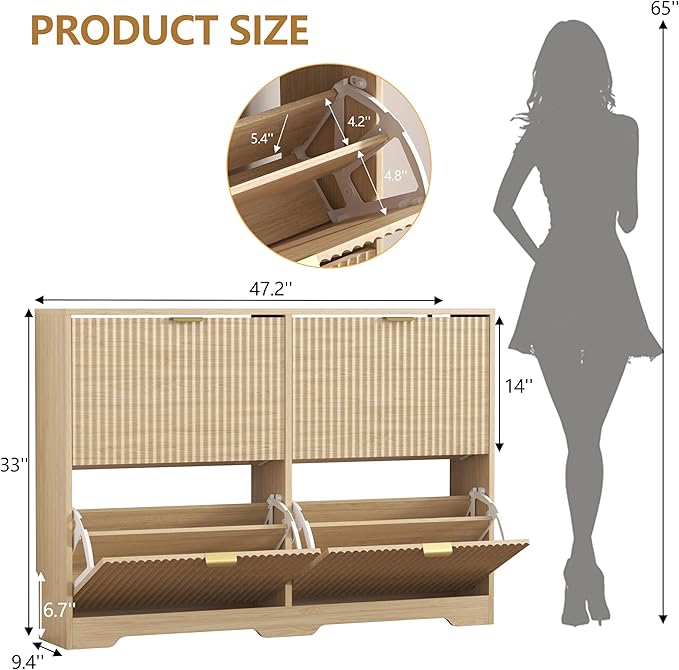 Shoe Cabinet Storage for Entryway with 4 Flip Drawers, Oak Fluted Shoe Cabinet with Adjustable Shelves, Wooden Hidden Shoes Rack Freestanding Narrow Slim Shoes Storage for Hallway, Entrance